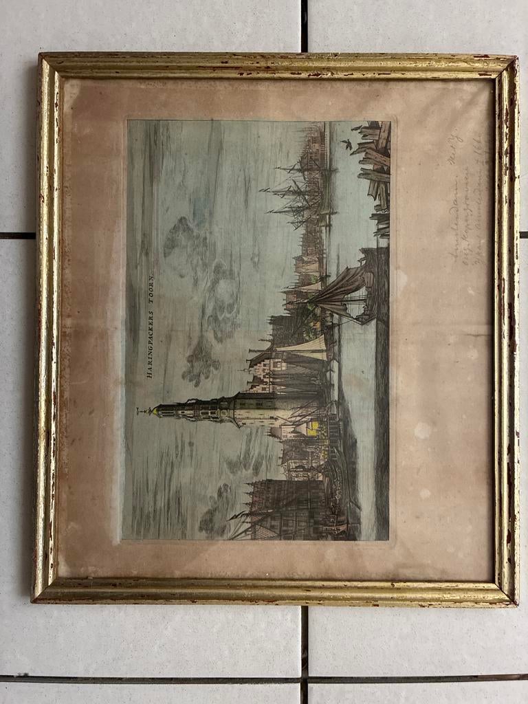 Print van haringpackers toorn, Ingelijst, Ets, Stadsgezicht, Ophalen of Verzenden