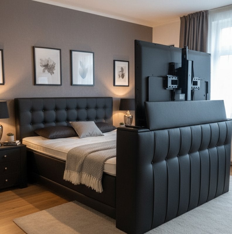 Elektro boxspring met voetbord met tv lift tot 65 inch €3399, Overige materialen, Verstelbaar, Zwart, Ophalen of Verzenden