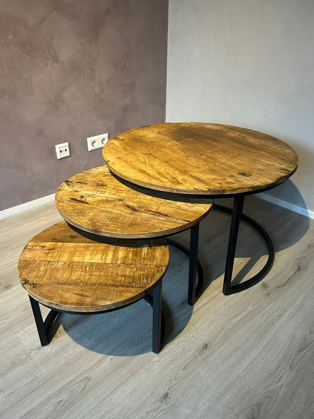 Salontafeltjes set (rond) mango hout, Ophalen, Rond, 50 tot 100 cm, Zo goed als nieuw