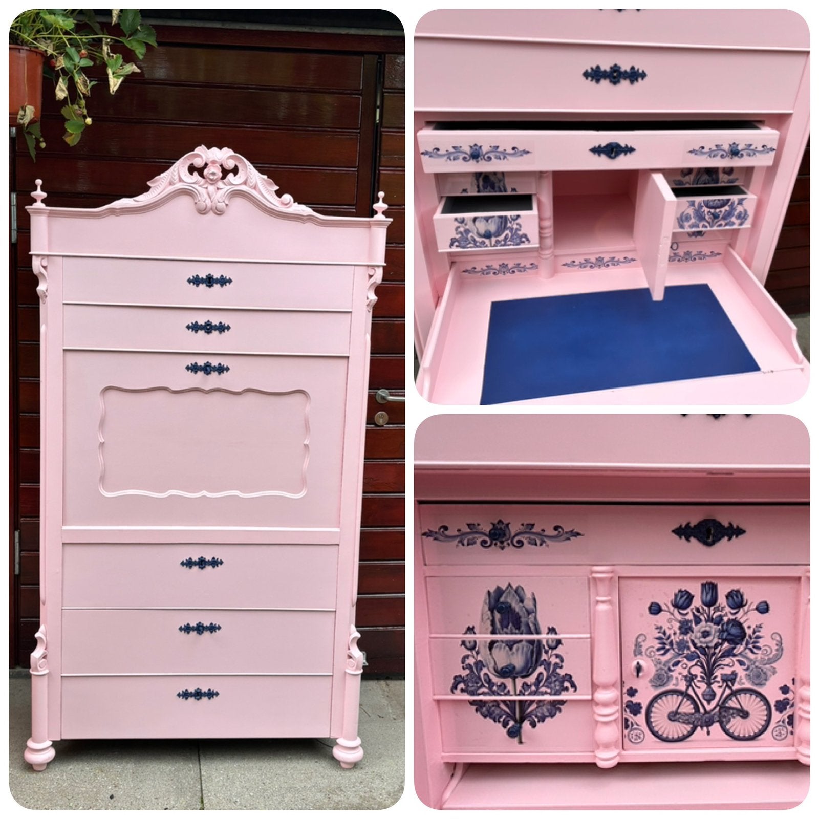 Unieke restyled vintage secretaire. Poederroze Delftsblauw, Ophalen, Zo goed als nieuw