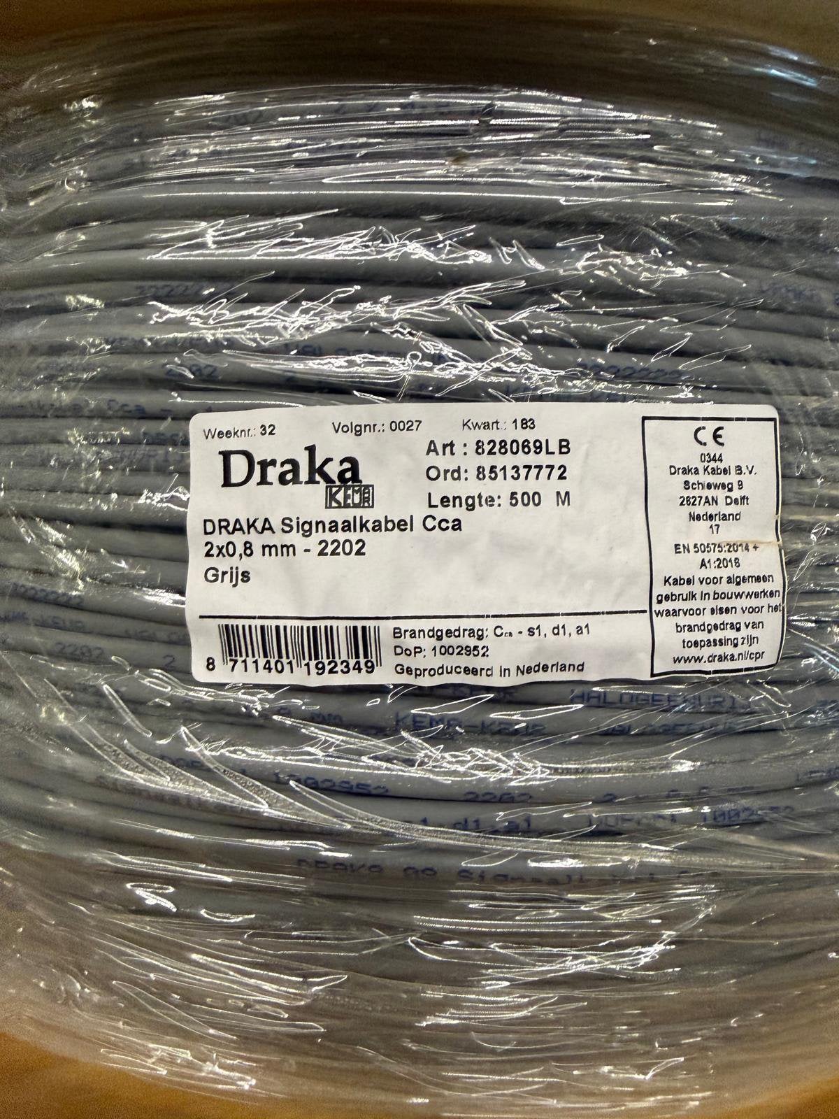 Draka Signaalkabel Cca 2x0,8 mm Grijs - Volle Haspel 500m, Doe-het-zelf en Verbouw, Ophalen of Verzenden, Zo goed als nieuw, Kabel of Snoer