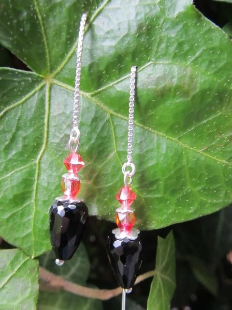 Oorbellen Pink Black onyx-glas facet kettinkje zilver, Ophalen, Nieuw