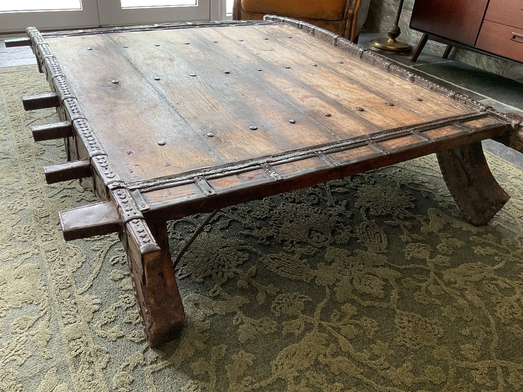 Vintage Aziatische kar salontafel, Ophalen, 100 tot 150 cm, Teakhout, 150 tot 200 cm