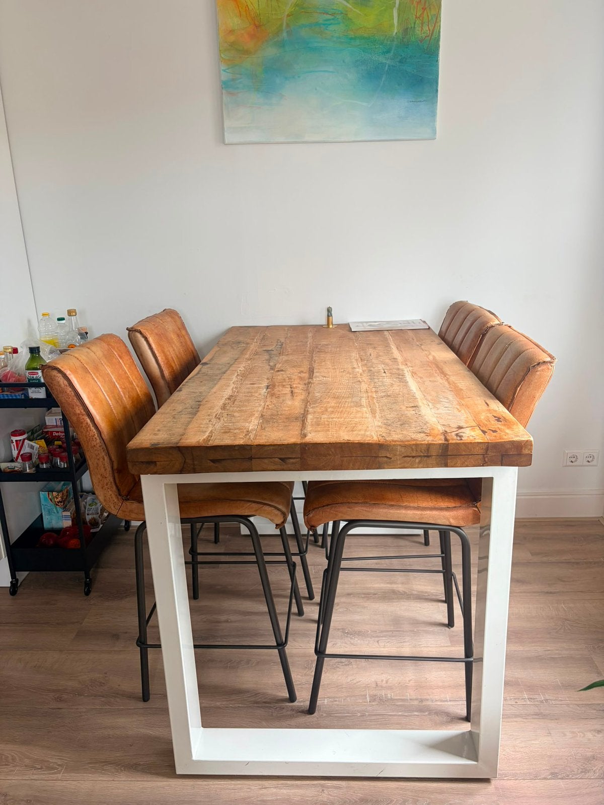 Industriële eettafel set hoog model +4 cognac barstoelen, Ophalen, Gebruikt, 100 tot 150 cm, 50 tot 100 cm