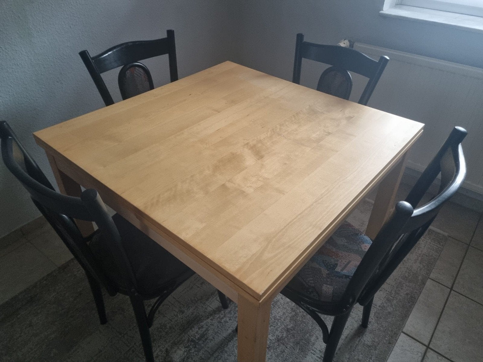 tafel 90x90, 130x90, 170x90 met 4 stoelen, Huis en Inrichting, Ophalen, Gebruikt, Rechthoekig, 50 tot 100 cm