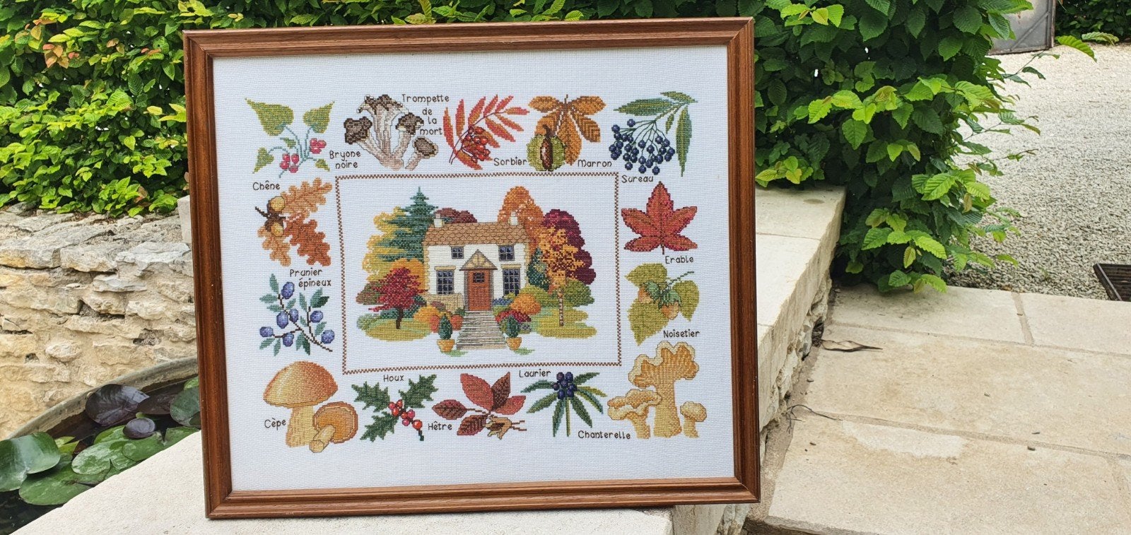 brocante ingelijst schilderij met borduurwerk herfst, Ophalen of Verzenden, Overige typen