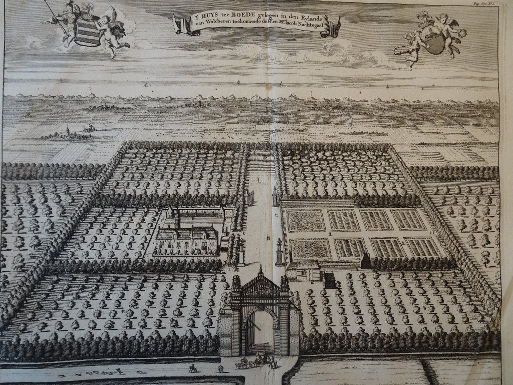 Gravure 't Huys Ter Boede, Koudekerke Zeeland Smallegange, Gravure, Origineel, Landschap, 1600 - 1699