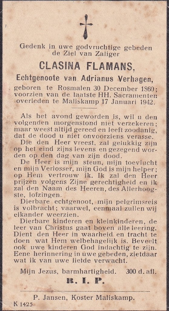 Flamans Clasina 1860 Rosmalen 1942 Maliskamp, Ophalen of Verzenden, Bidprentje