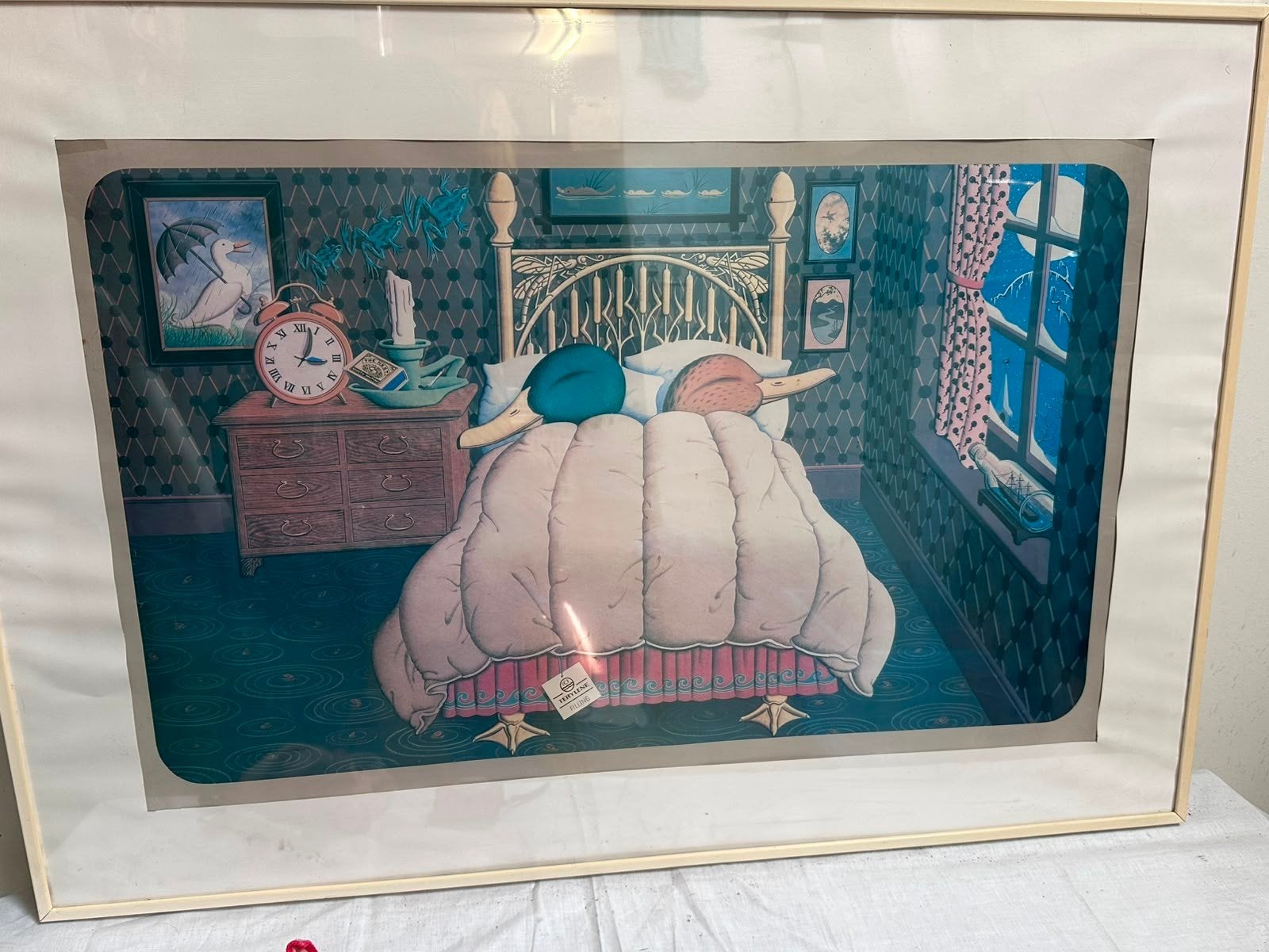 Vintage reclameposter terylene matrassen met eendjes in bed, Ophalen