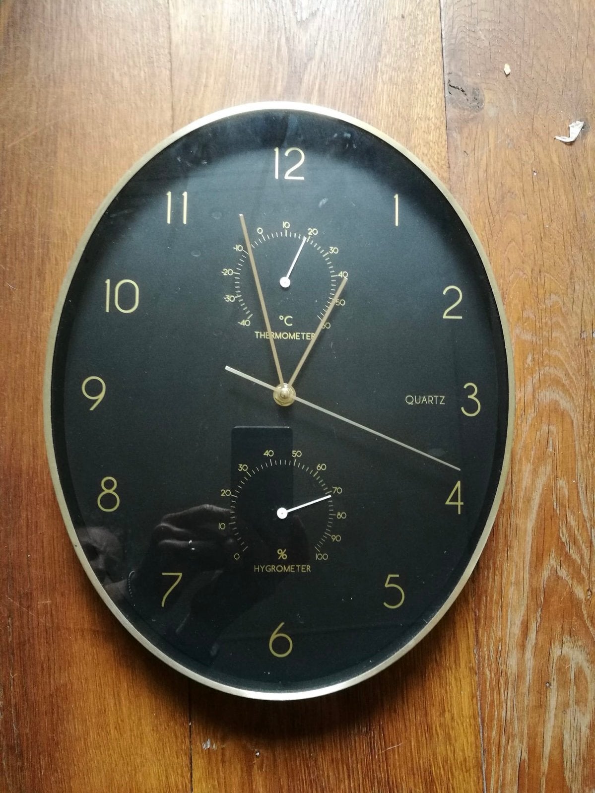 Wandklok met Thermometer en Hygrometer - Zwart/Goud, Ophalen of Verzenden, Gebruikt, Wandklok