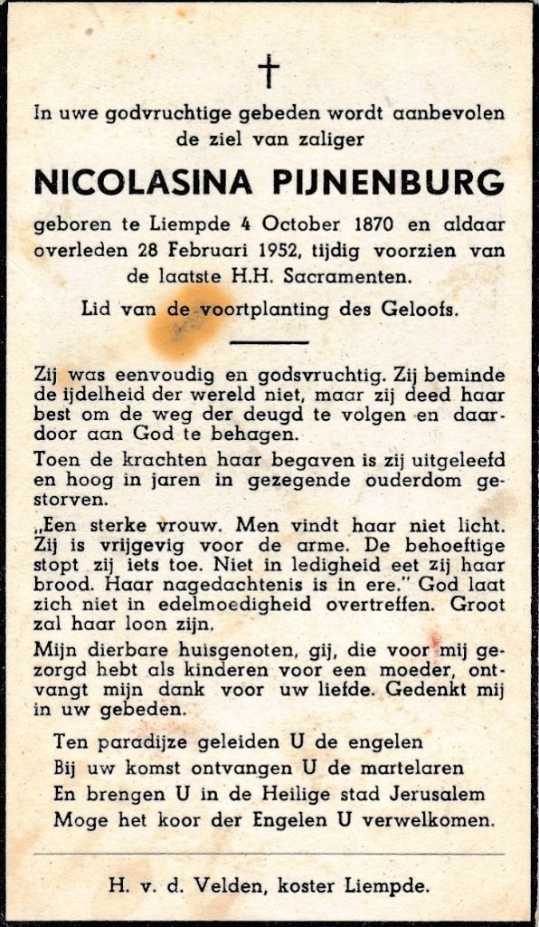 Pijnenburg Nicolasina 1870 Liempde 1952, Ophalen of Verzenden, Bidprentje