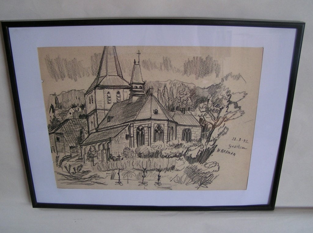 Hubert Bekman Grathem St. Severinuskerk potlood tekening, Verzenden, Tekening, Potloodtekening, Handgemaakt