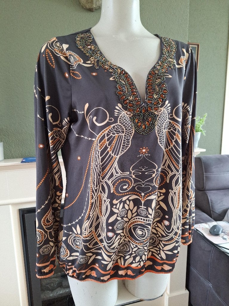 K-Design K Design grijs oranje top pauw L, K-design, Verzenden, Maat 42/44 (L), Zo goed als nieuw