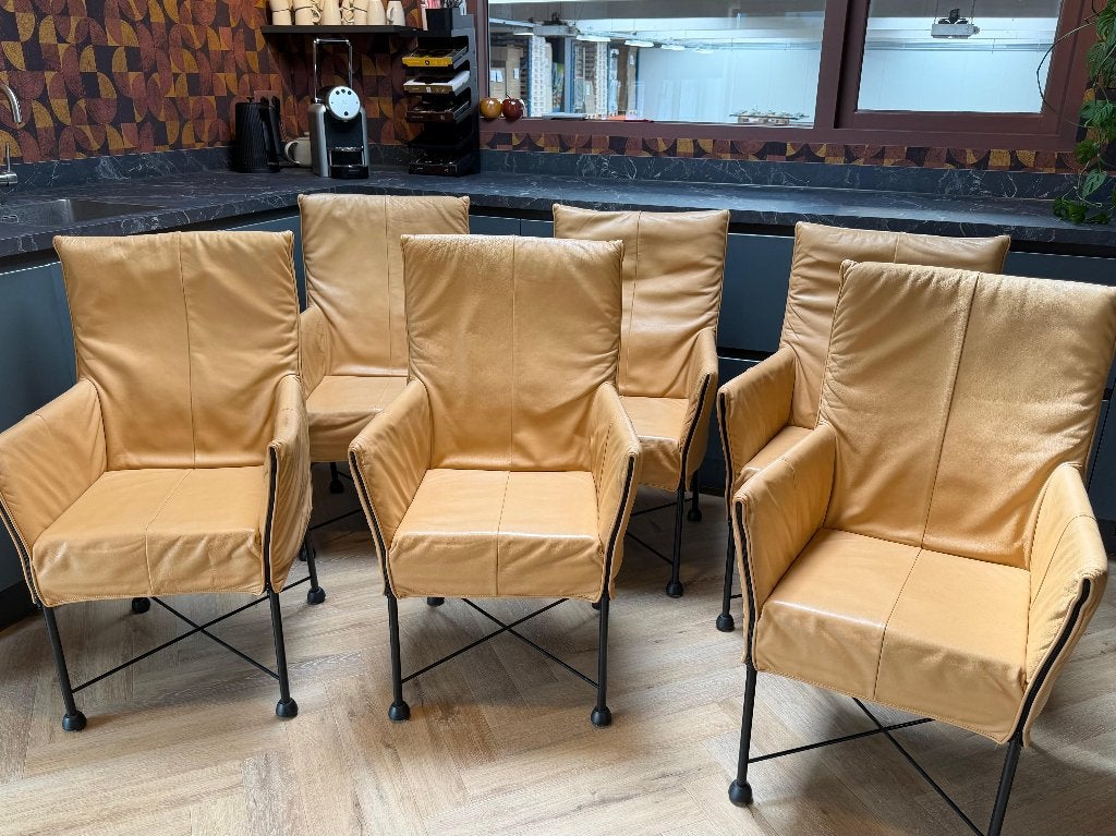 Moet weg! 6x Montis Chaplin eetkamerstoel, Huis en Inrichting, Stoelen, Ophalen, Gebruikt, Bruin, Leer