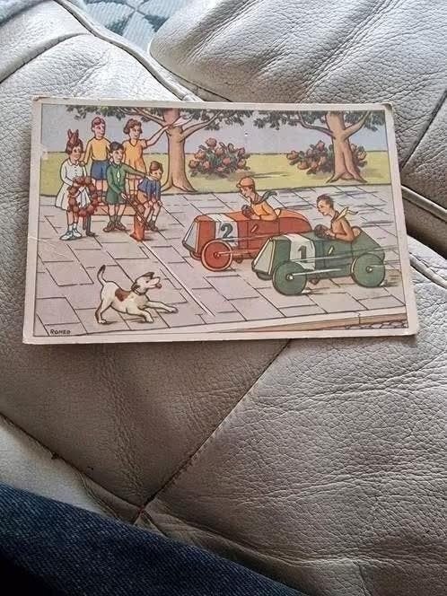 Oude fantasie kaart Romeo 1954 - Kinderen in trapauto's, Ophalen of Verzenden, 1940 tot 1960, Ongelopen