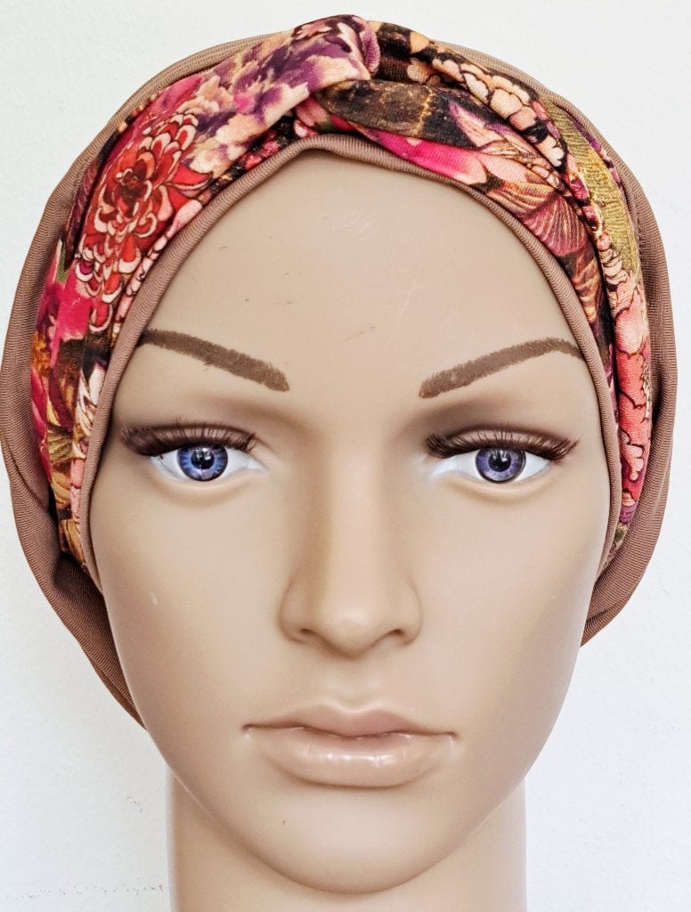 Chemo/haarverlies tricot muts met sjaal no 36 B Donkerbeige., Anna, Maat 42/44 (L), Nieuw, Ophalen of Verzenden