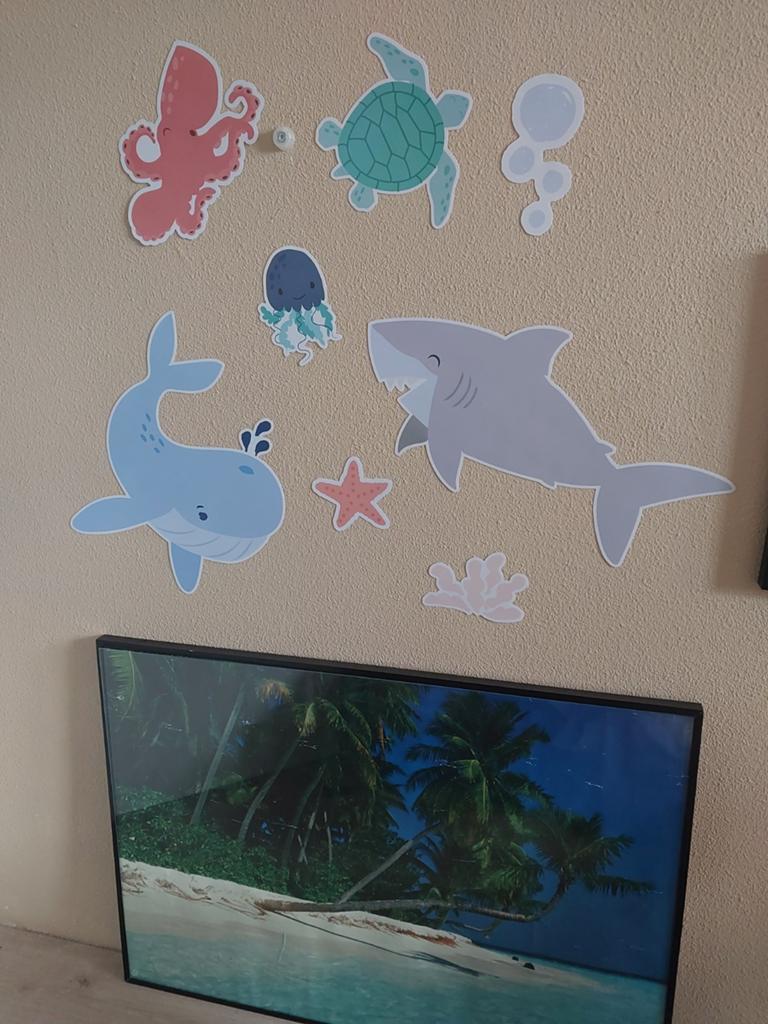 Zeethema schilderij en zeedieren stickers kinderkamer, Ophalen, Gebruikt, Wanddecoratie