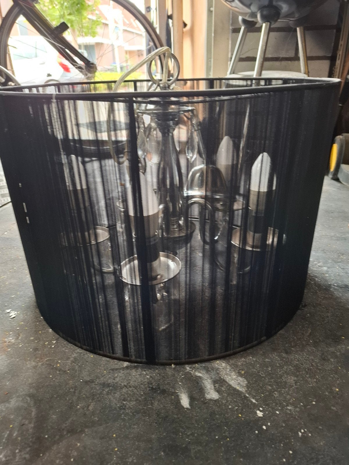 Kroonluchter met kristal en zwarte kap, Ophalen, Gebruikt, E14 (klein), Textiel