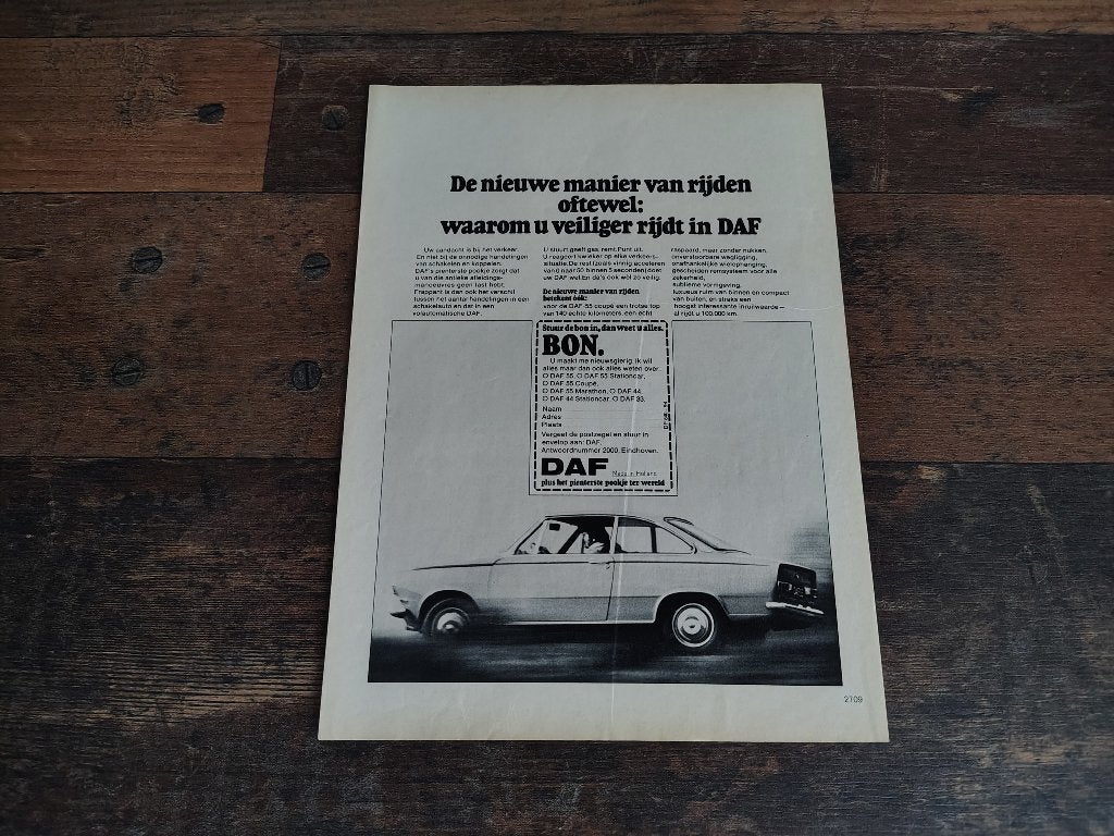 Reclame: DAF 55 Coupe/ Variomatic (1969) 29 x 21 cm, Verzenden, Gebruikt, Auto's