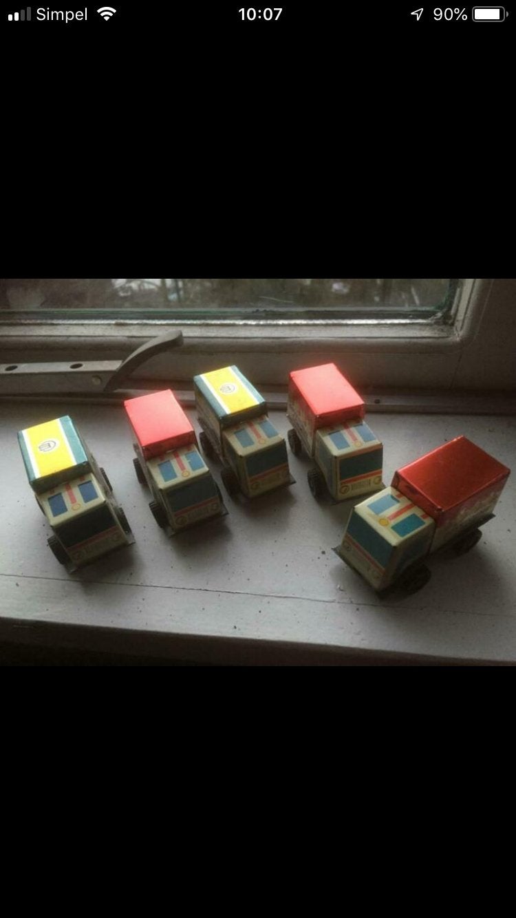 Vintage blikken speelgoed vrachtwagens - set van 5, Ophalen of Verzenden, Gebruikt