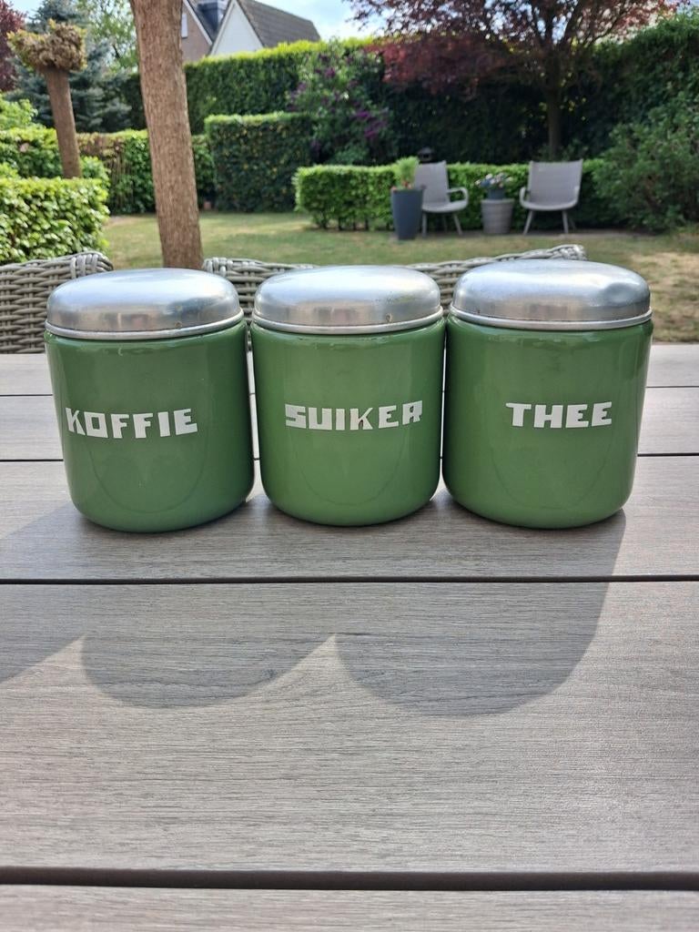 Vintage emaille voorraadpotten: Koffie, Suiker, Thee, Antiek en Kunst, Ophalen of Verzenden