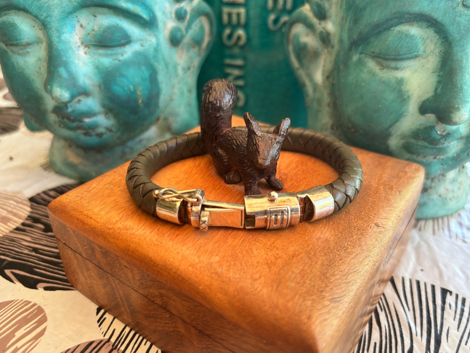 Buddha to Buddha zilveren slot gevlochten lederen armband, Ophalen, Gebruikt, Groen, Leer