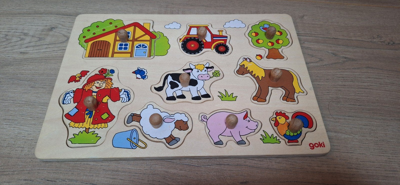Goki Houten Boerderij Puzzel met Knopjes, Ophalen of Verzenden, Zo goed als nieuw, Van hout, Minder dan 10 stukjes