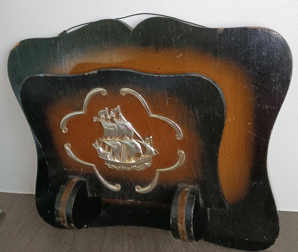 Vintage houten brievenhouder met scheepsdecoratie, Ophalen of Verzenden