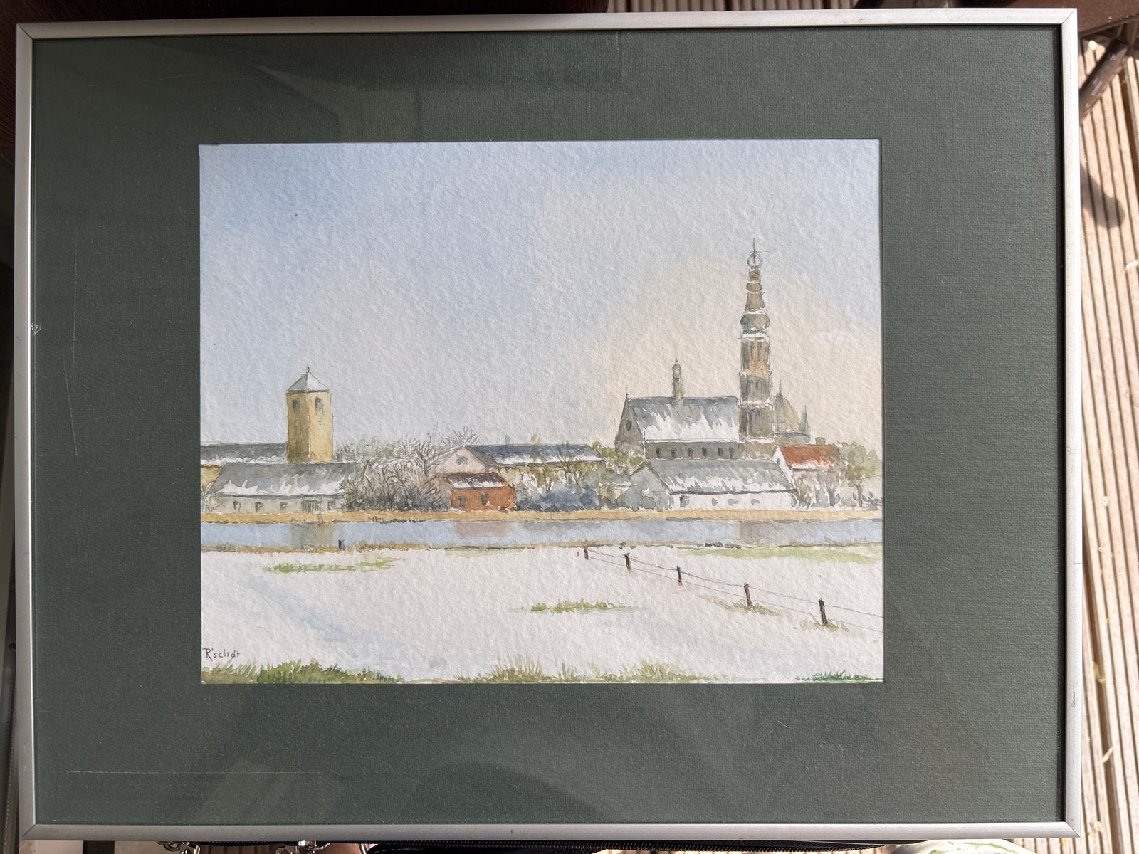 Lisse in de sneeuw - Aquarel van dorpsgezicht, Ophalen, Gedateerd, Realistisch, Aquarel