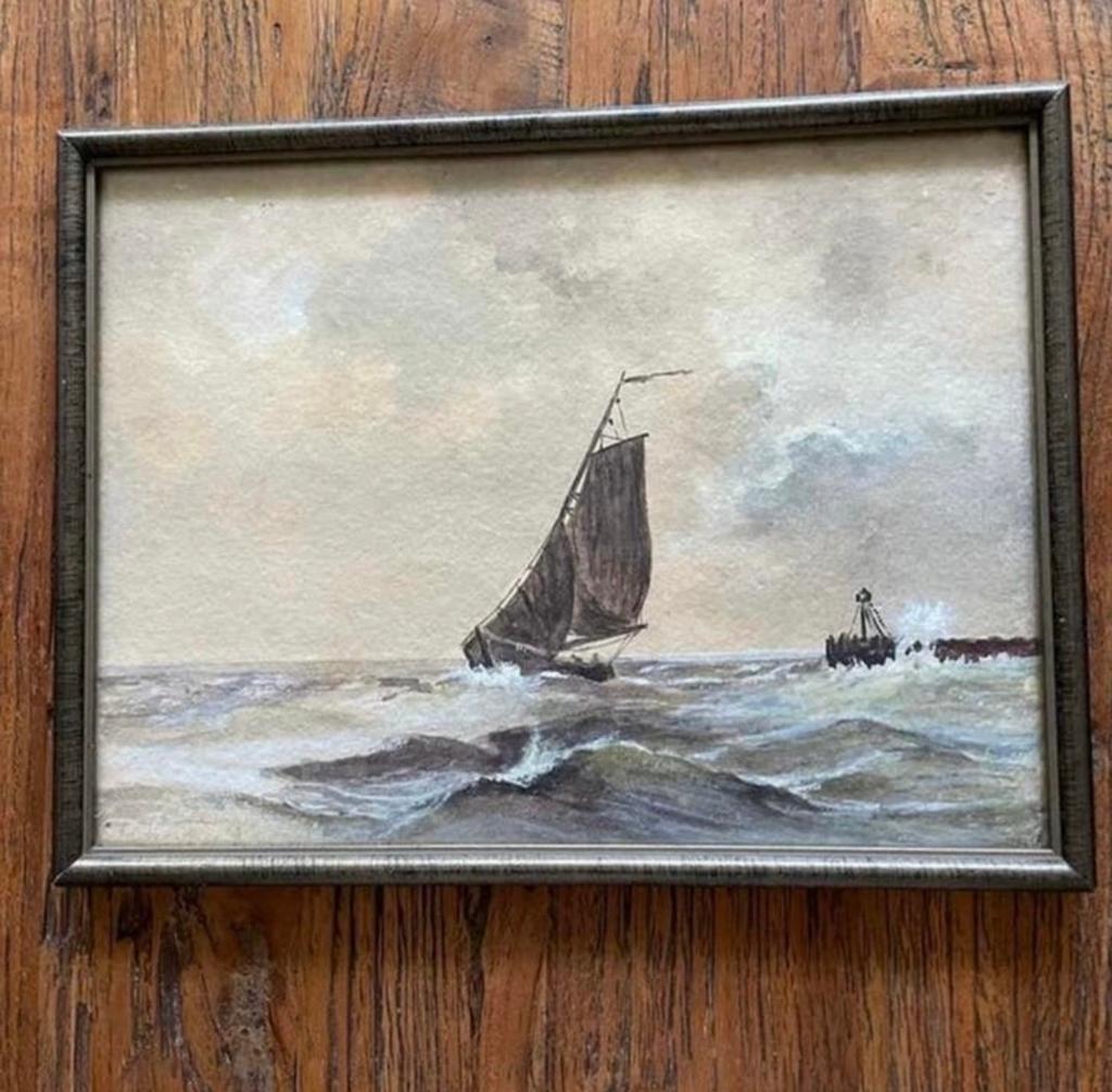 Oud schilderij van zeilschip op woelige zee, Ophalen of Verzenden