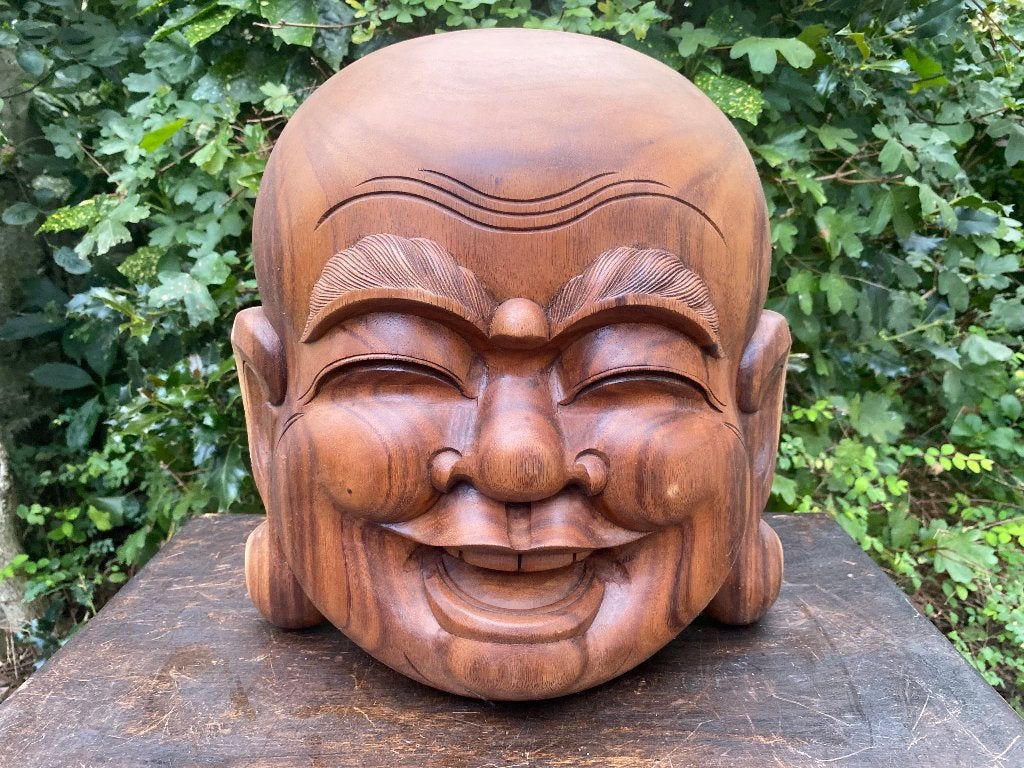 Handgemaakt happy Boeddha masker hoofd van suarhout beeld, Huis en Inrichting, Gebruikt, Ophalen of Verzenden, Hout, Bruin