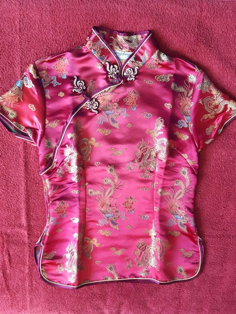 Liang Jing zijden Chinesse blouse/jasje/top paars print, Paars, Ophalen of Verzenden, Zo goed als nieuw, Korte mouw