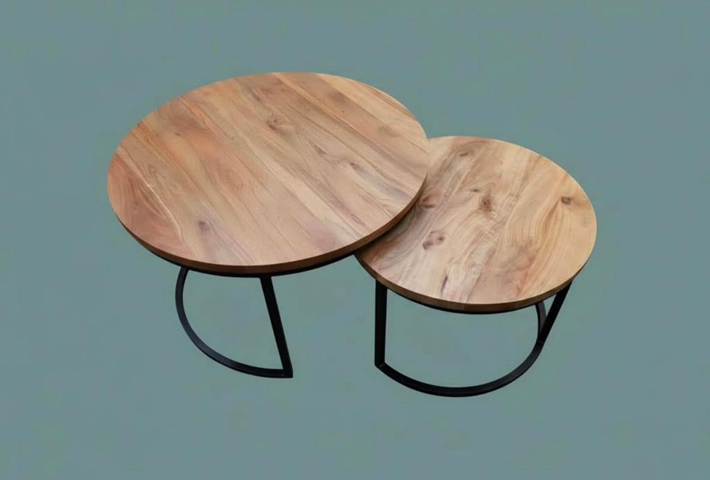 Set van 2 ronde salontafels mangohout, 50 tot 100 cm, Rond, Zo goed als nieuw, Metaal