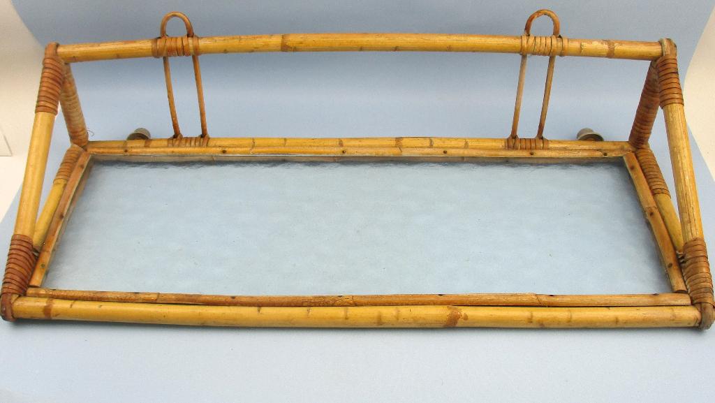 Vintage rotan bamboe wandrek met glas jaren '60- '70, Ophalen of Verzenden, Gebruikt