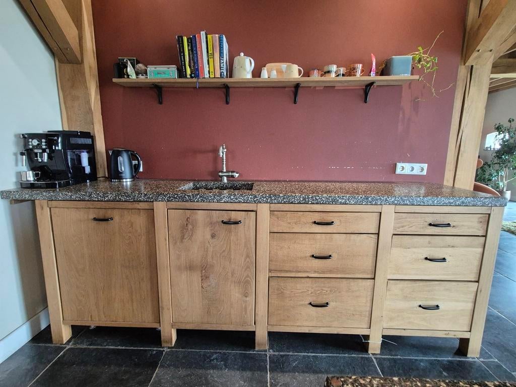 Handgemaakte massieve eikenhouten keuken, Huis en Inrichting, Keuken | Complete keukens, Ophalen, Gebruikt, Bruin, Graniet of Steen