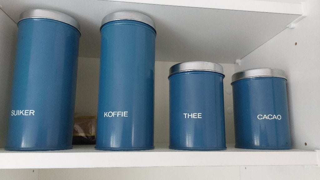 Brocante email voorraadbussen, kleur blauw, Ophalen
