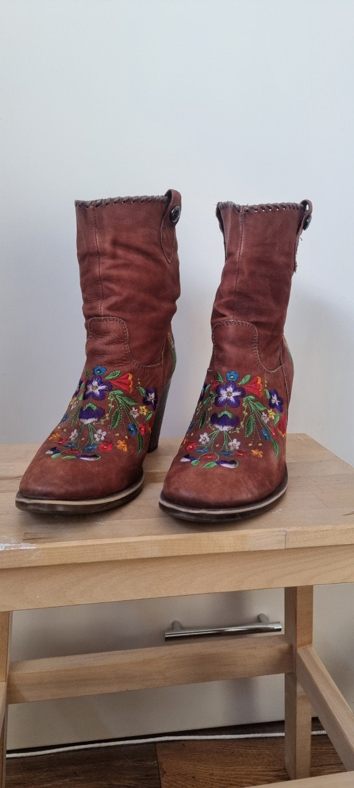 Prachtige leren western/boho laarzen Effegi met bloemenbordu, Bruin, Lage of Enkellaarzen, Ophalen of Verzenden, Handgemaakt