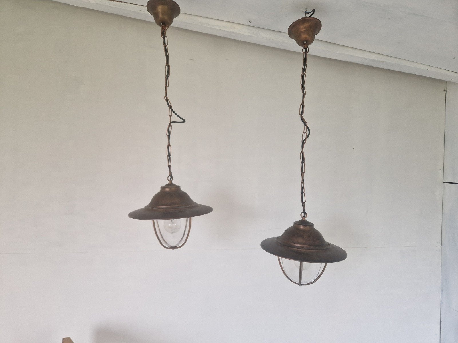 Een paar kooilampen maritiem massive vintage., Huis en Inrichting, Lampen | Hanglampen, Ophalen of Verzenden, Massive, Onbekend