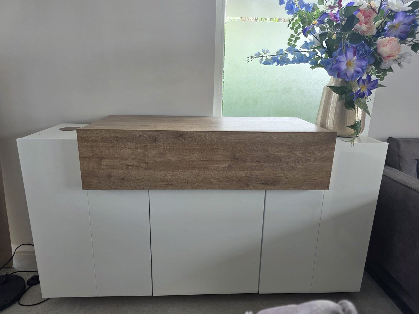 Wit/eiken kast, 3 deuren, 1 lade B151,5xD43,5xH85cm, Ophalen, Met lade(s), 150 tot 200 cm, Eikenhout