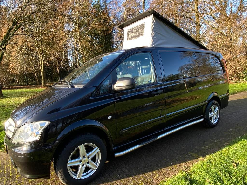 Mercedes Vito camper + 6 zitpl + 136 pk automaat + 2x slaap, Caravans en Kamperen, Automaat, Buscamper of Camperbus, Hefdak, Diesel