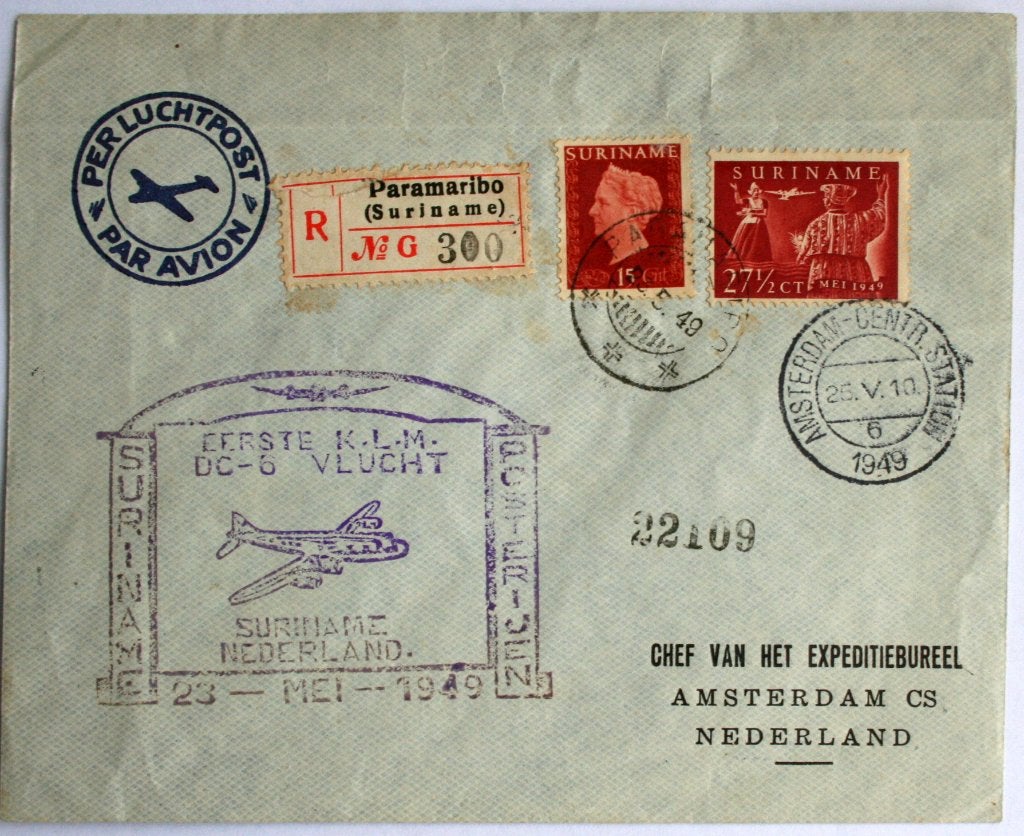 1e Vlucht met DC-6 Suriname-Nederland 1949, Ophalen of Verzenden, Envelop