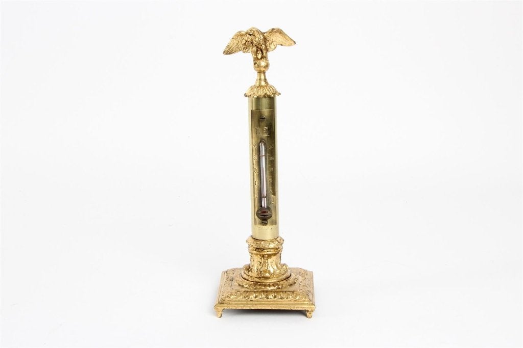Zuilvormige Messing Bureau-Thermometer bekroond met adelaar., Huis en Inrichting, Decoratieve thermometer, Ophalen of Verzenden