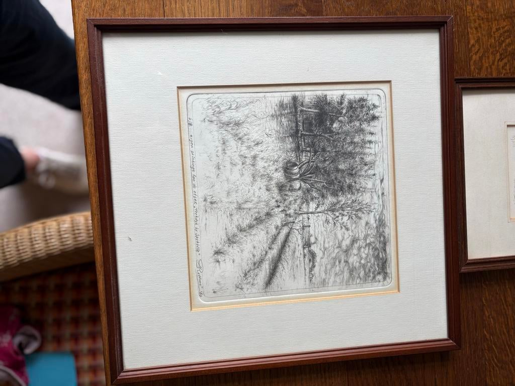 Twee ingelijste etsen: Landschap en Molen, Ophalen, Gesigneerd, Landschap, 1950 - 1999