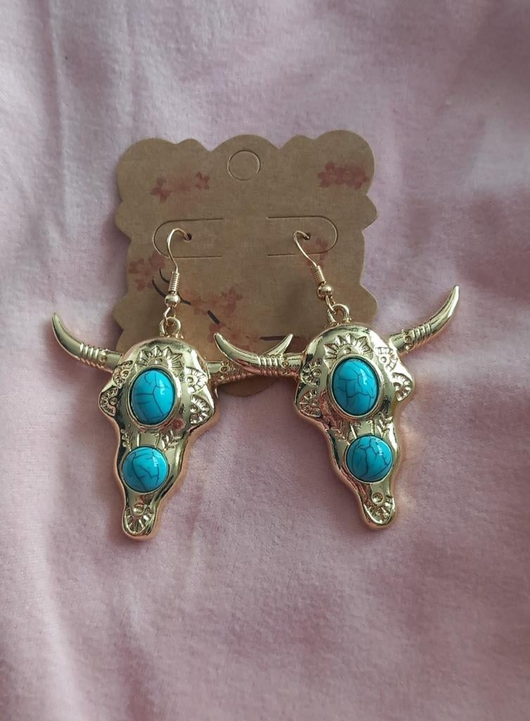 Oorbellen met stierenkop en turquoise stenen, Overige materialen, Hangers, Nieuw, Ophalen of Verzenden