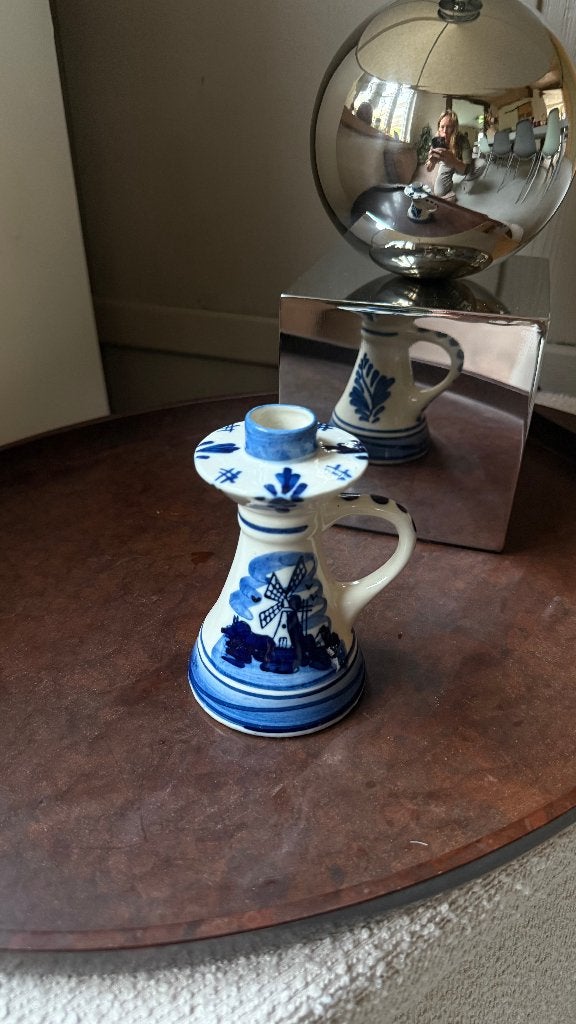 Delfts blauw kandelaar met molen - handgeschilderd, Vintage, Gebruikt, Blauw, Ophalen of Verzenden