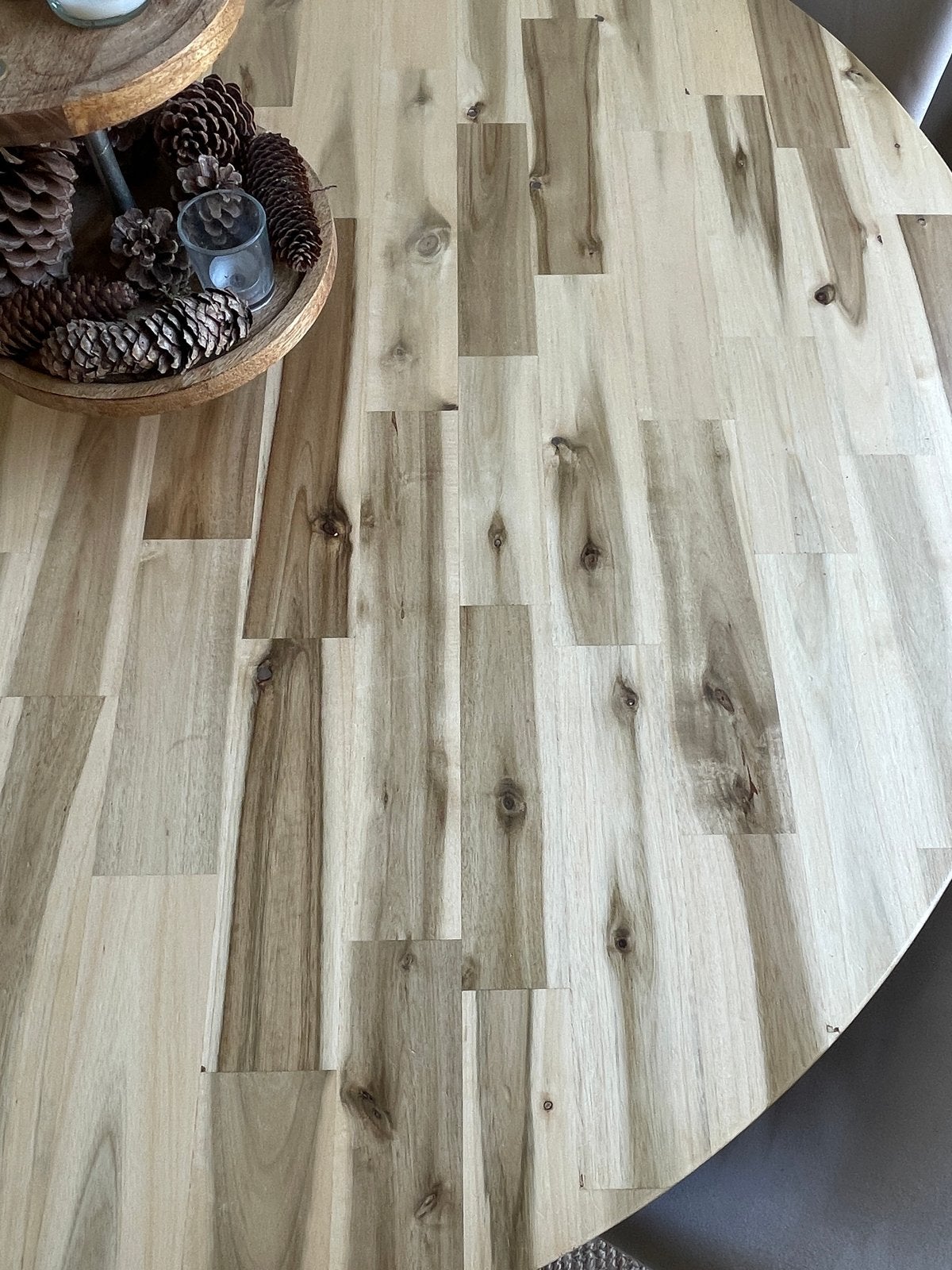 Ronde eettafel van acaciahout - 150 cm, Ophalen, 100 tot 150 cm, Rond, Zo goed als nieuw