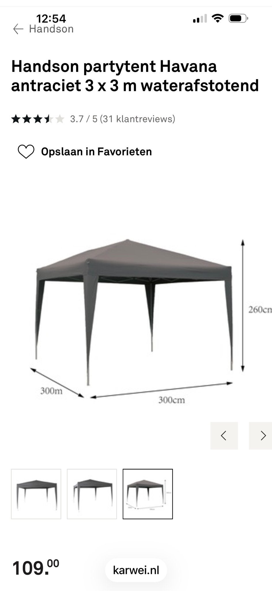 Handson partytent Havana antraciet 3 x 3 m waterafstotend, Tuin en Terras, Ophalen, Gebruikt, Partytent, Minder dan 4 meter