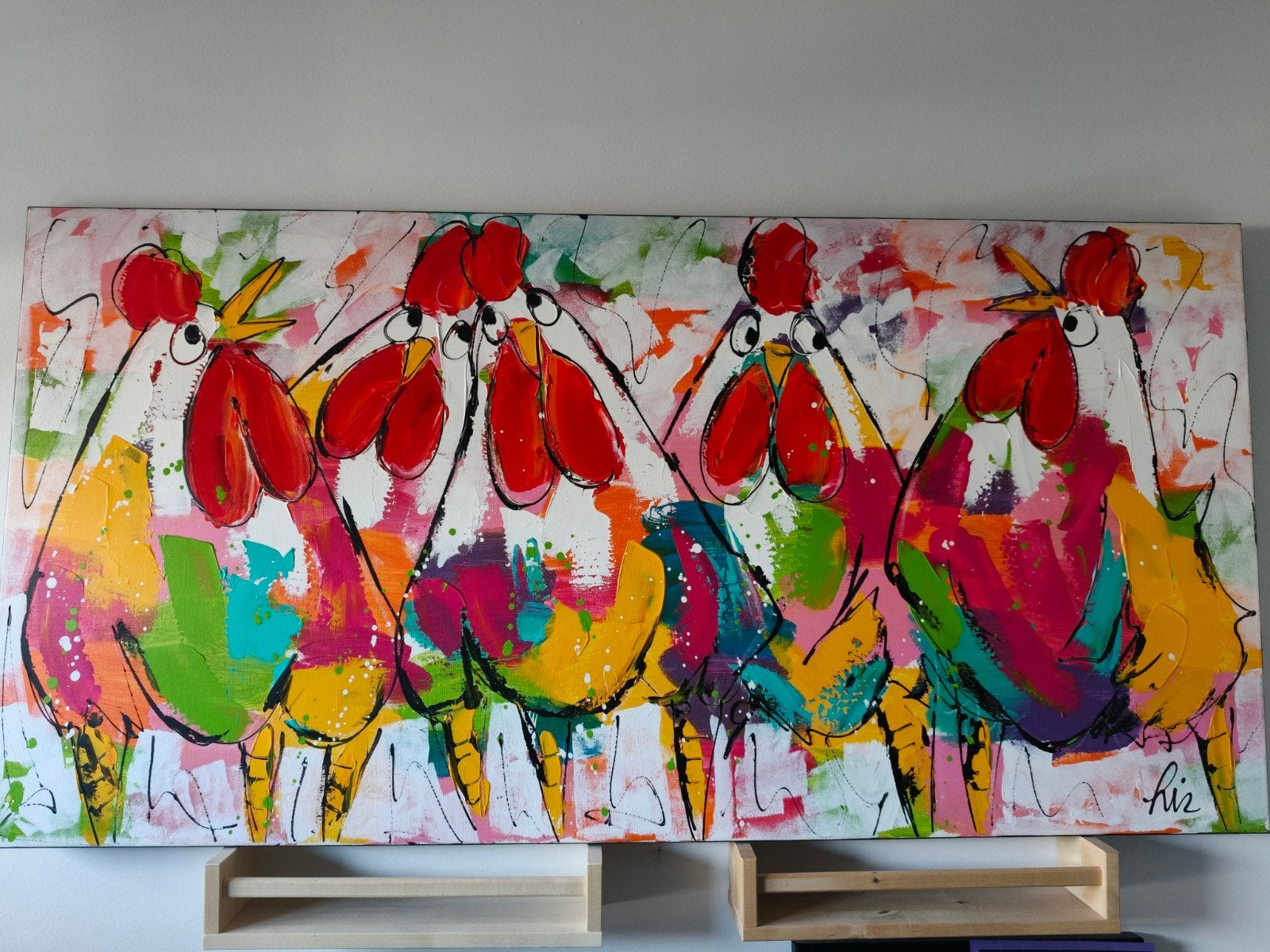 Kleurrijk Schilderij: 5 Kippen, Antiek en Kunst, Ophalen