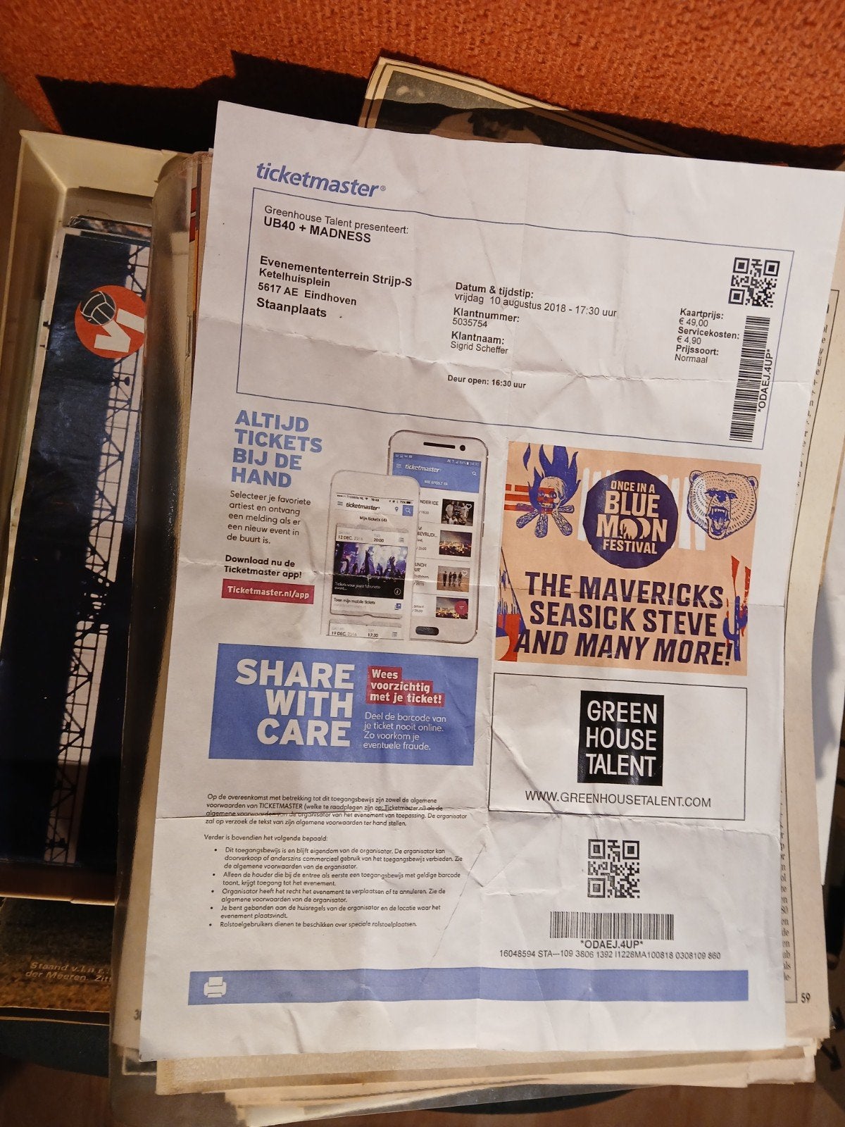 Ticket uit 2018 Strijp S, met Madness en UB 40