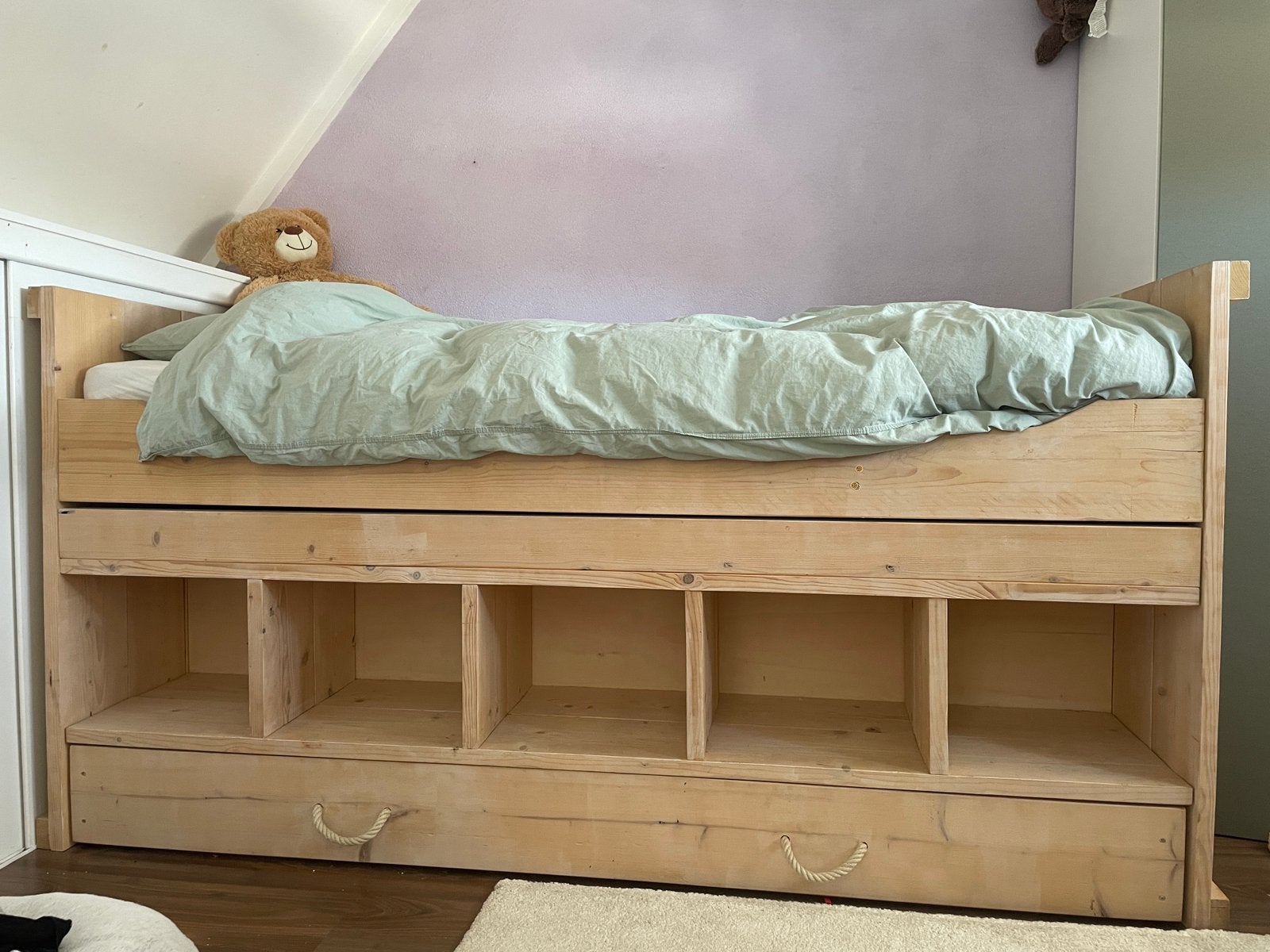 Steigerhouten bed eenpersoons, Ophalen, 85 tot 100 cm, Zo goed als nieuw, 180 cm of meer